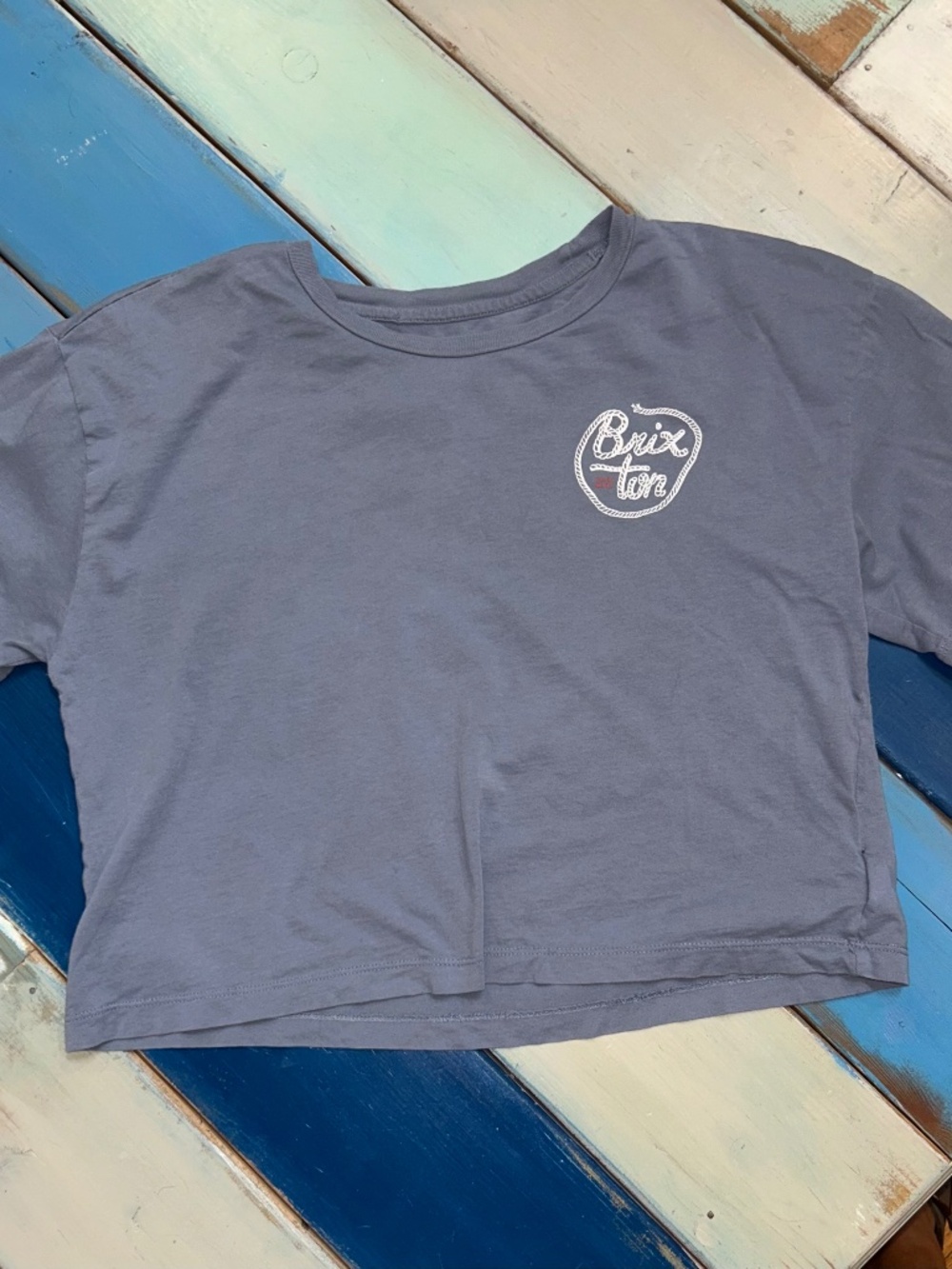 Brixton Women's Crop Tee Small Gray Blue Rope Logo Graphic T-Shirt